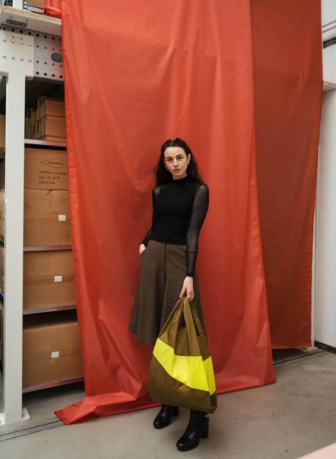 SUSAN BIJL The New Shopping Bag Make & Fluo Yellow Large Outlet